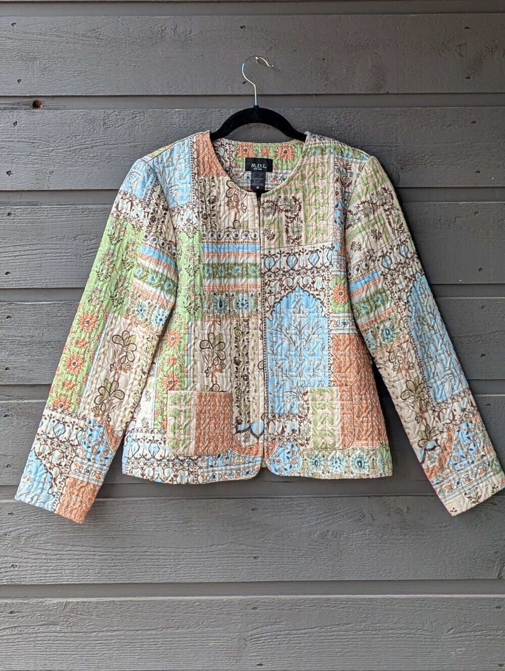 NWOT M.D.L. Multicolor Patchwork Quilted Bomber Jacket Size Medium Zip Front - Picture 7 of 7